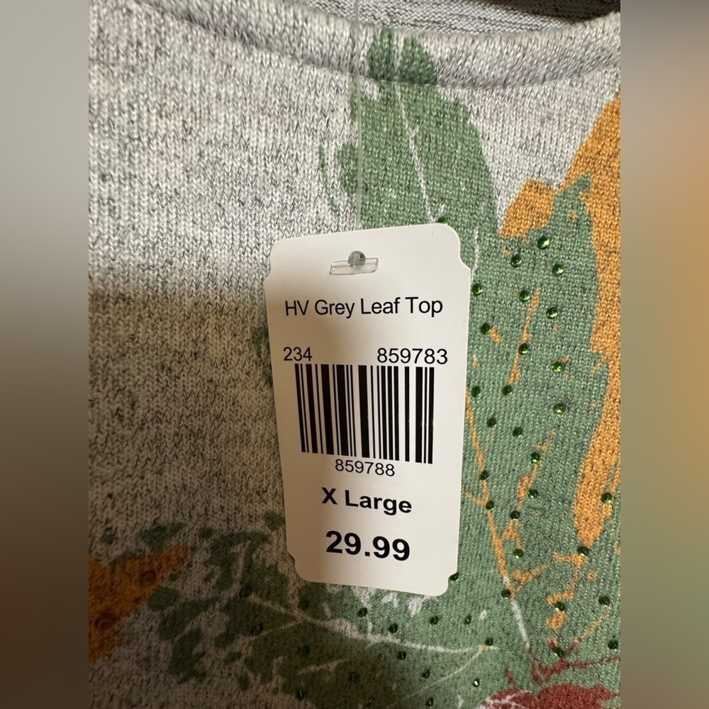 Astrologie XL Fall Leaf Print Tunic Top Gray Long Sleeve Rhinestone NWT - Picture 3 of 9